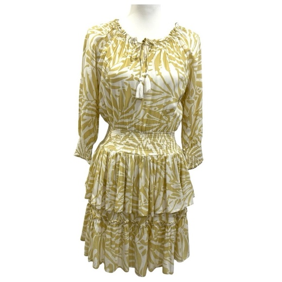 PATRONS OF PEACE Boho Smock Waist Dress Tiered Ruffles Tassels Celery & White‎ S - Picture 1 of 13